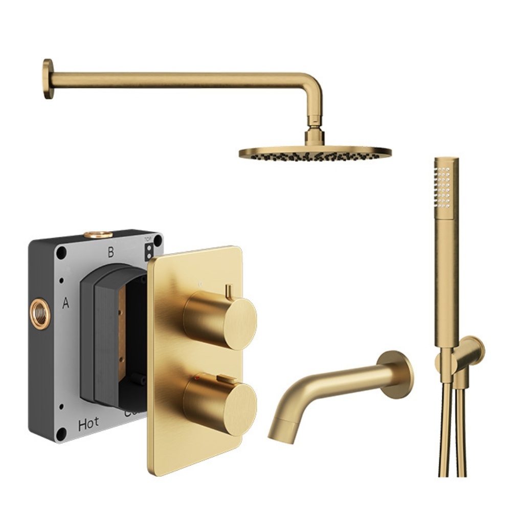 Product image cut out of the Abacus Iso Brushed Brass 3 Outlet Shower Pack with Bath Spout & Handset